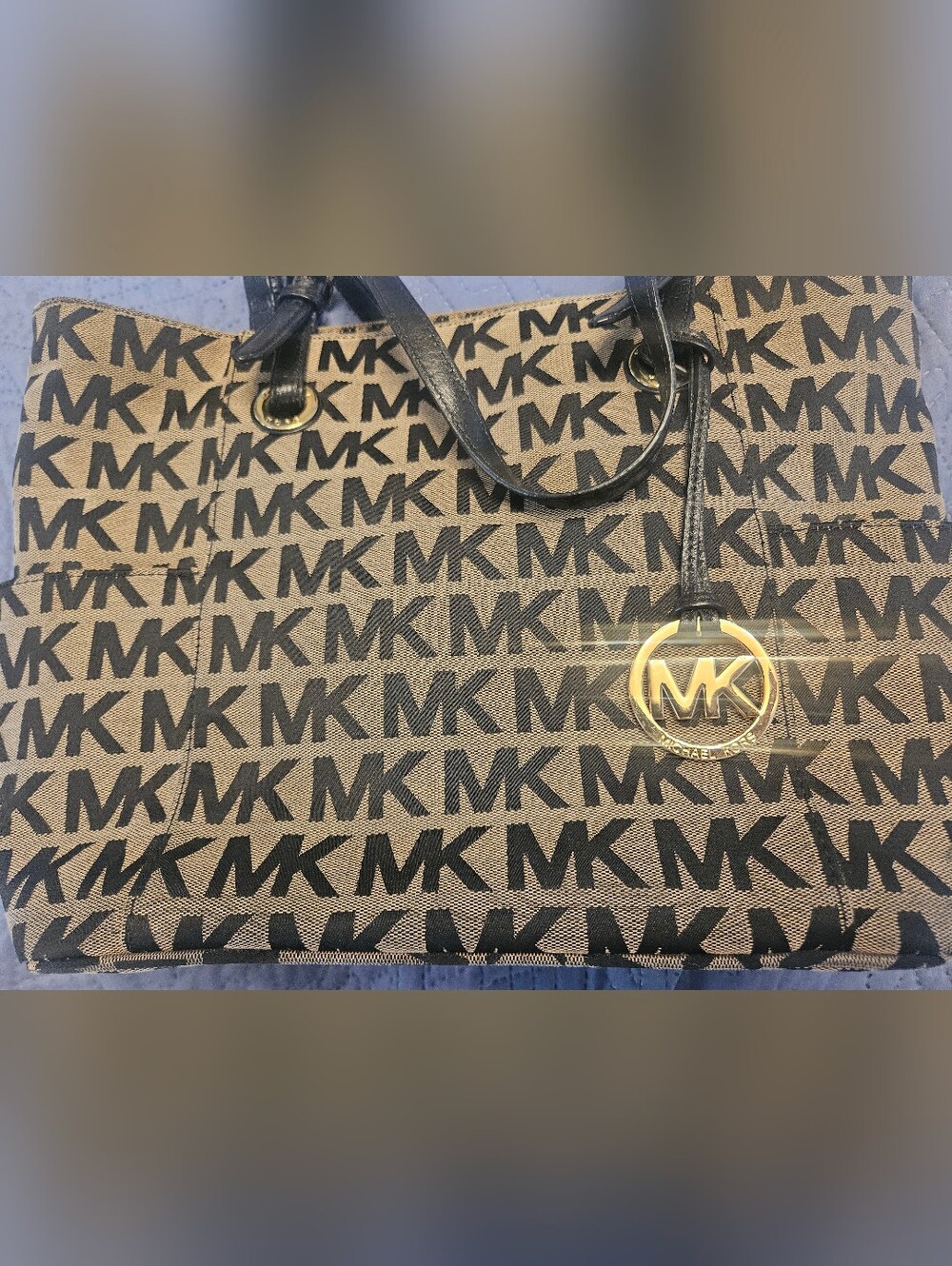 Michael Kors Jet Set North South Monogram Tote - Beige Black